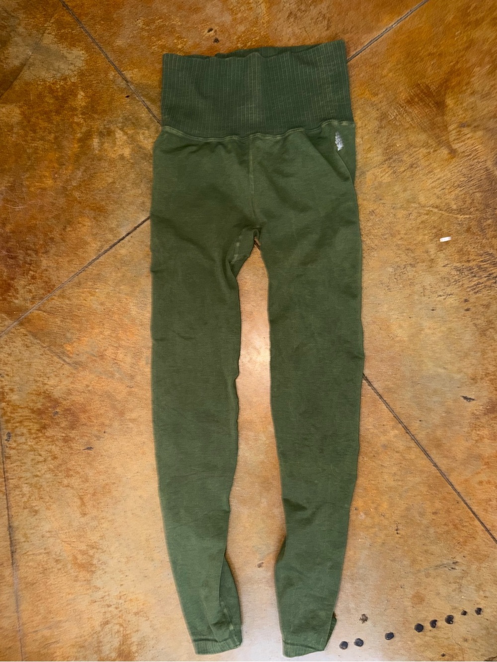 Free People Olive Green Ribbed-Waist Leggings